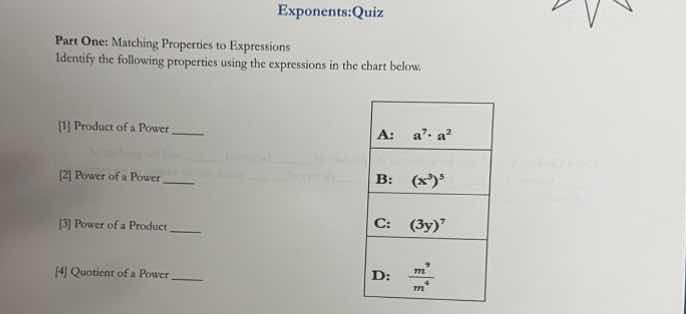 exponents:quiz part one: matching properties to expressions identify th…
