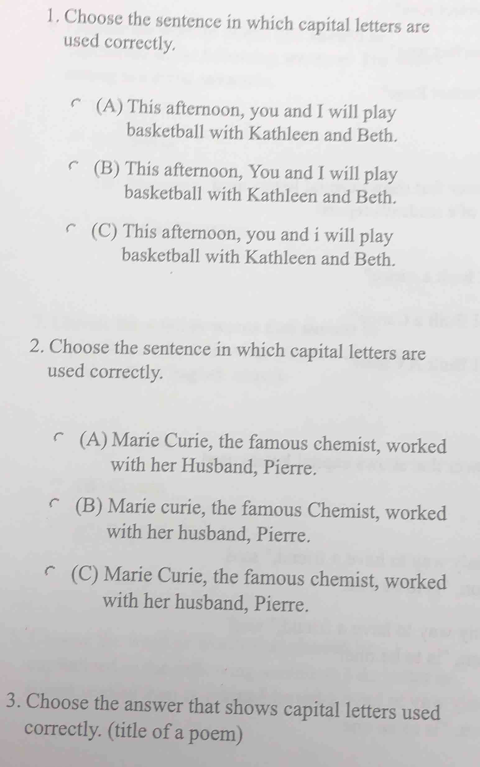 1. choose the sentence in which capital letters are used correctly. (a)…