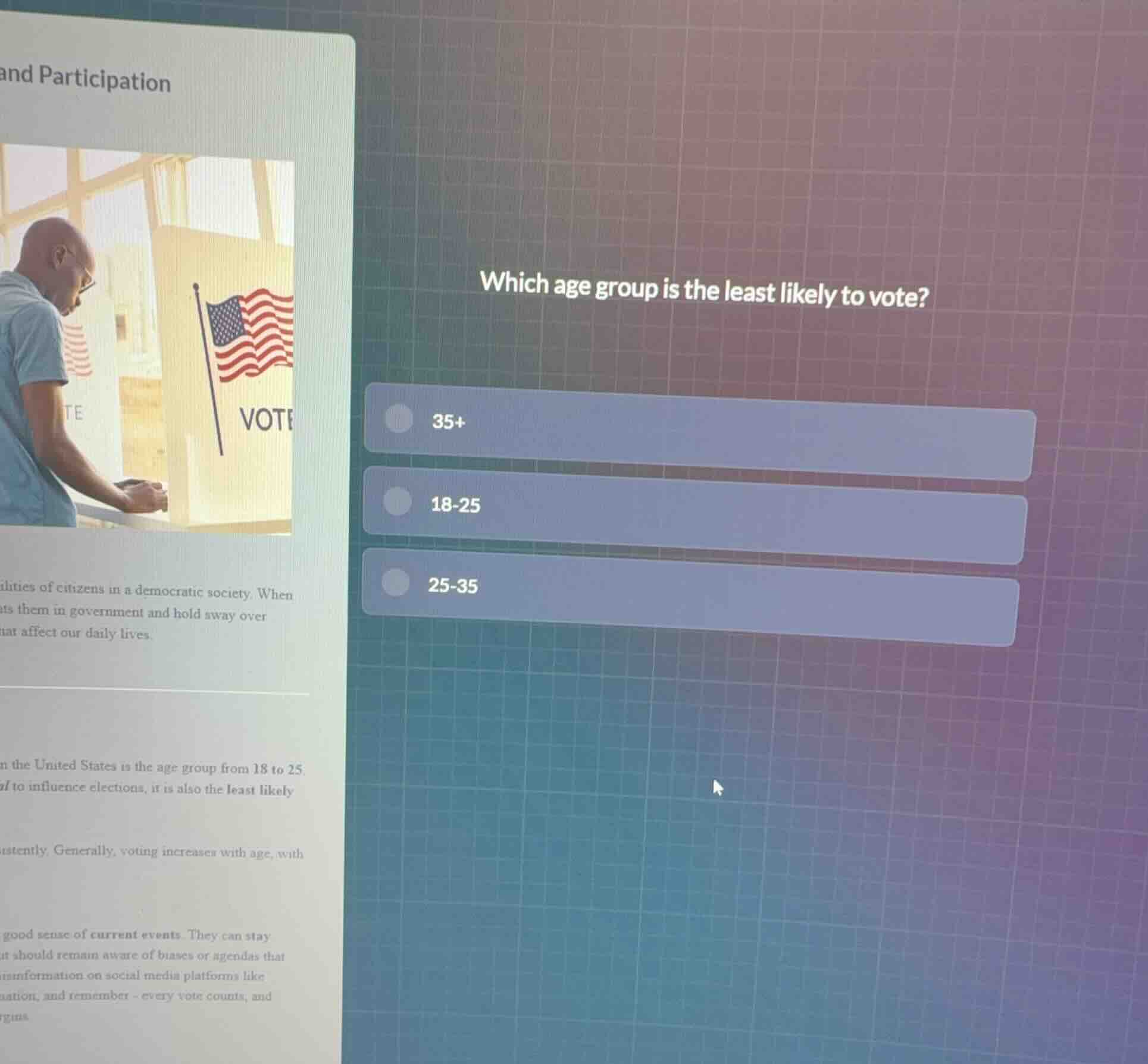 which age group is the least likely to vote? 35+ 18-25 25-35