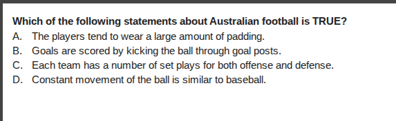 which of the following statements about australian football is true? a.…