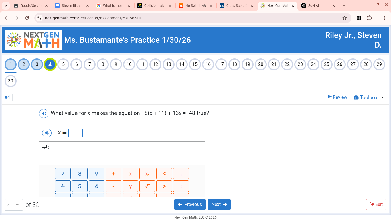 what value for x makes the equation -8(x + 11) + 13x = -48 true? x =