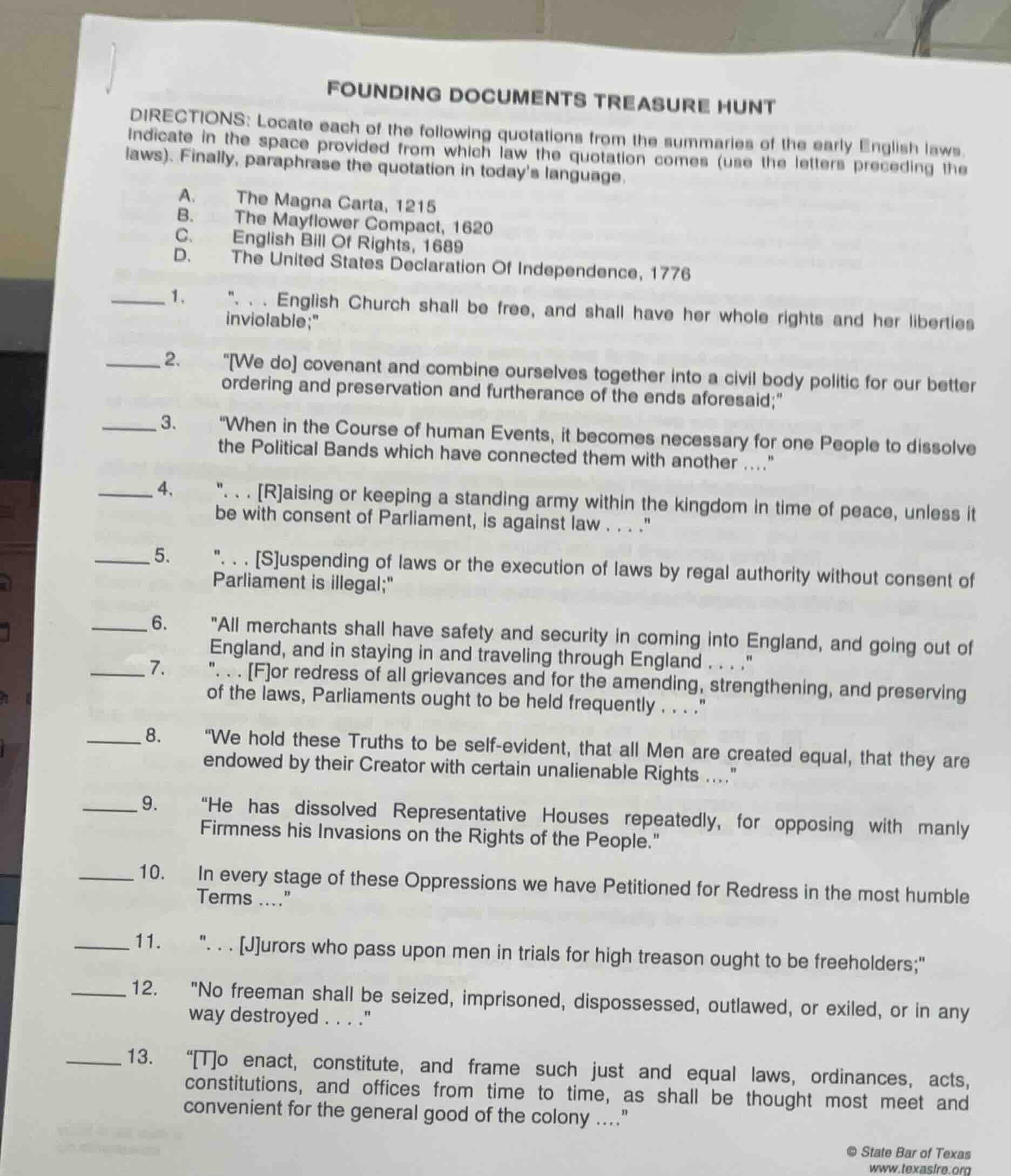 founding documents treasure hunt directions: locate each of the followi…