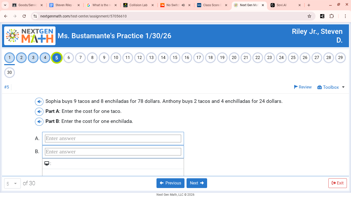 sophia buys 9 tacos and 8 enchiladas for 78 dollars. anthony buys 2 tac…