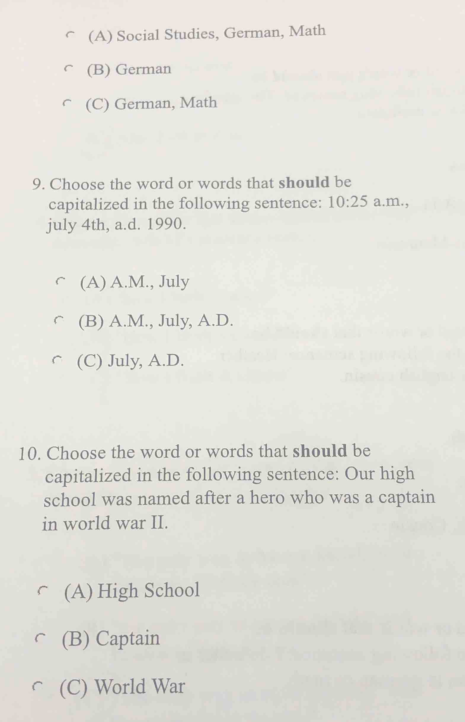 (a) social studies, german, math (b) german (c) german, math 9. choose …