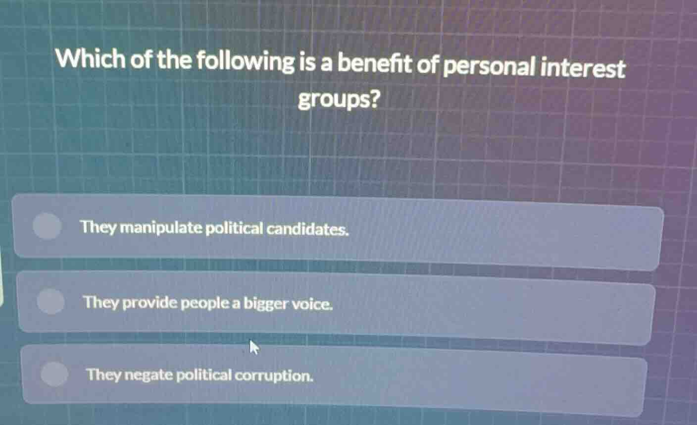 which of the following is a benefit of personal interest groups? they m…