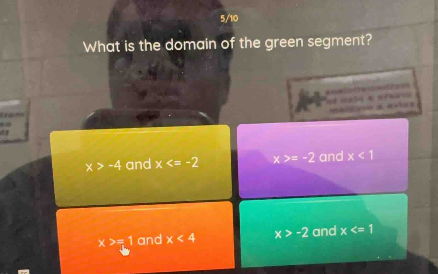 what is the domain of the green segment? x > -4 and x <= -2 x >= -2 and…
