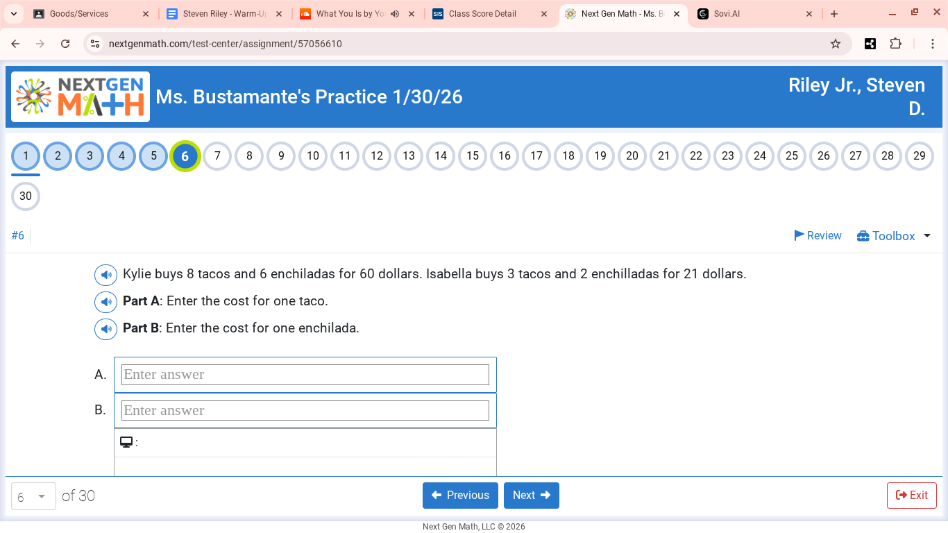 kylie buys 8 tacos and 6 enchiladas for 60 dollars. isabella buys 3 tac…