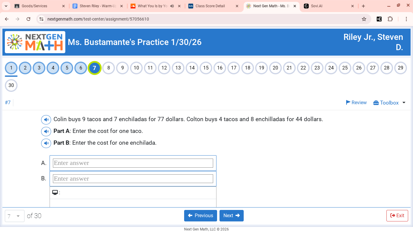 colin buys 9 tacos and 7 enchiladas for 77 dollars. colton buys 4 tacos…