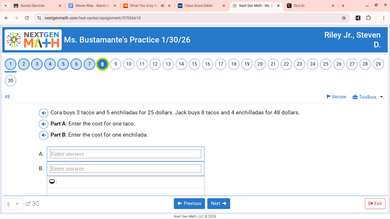 cora buys 3 tacos and 5 enchiladas for 25 dollars. jack buys 8 tacos an…