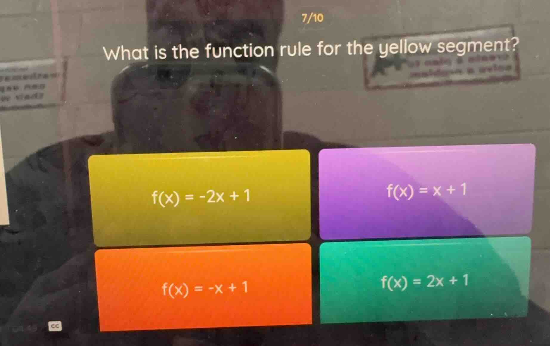 what is the function rule for the yellow segment? f(x) = -2x + 1 f(x) =…