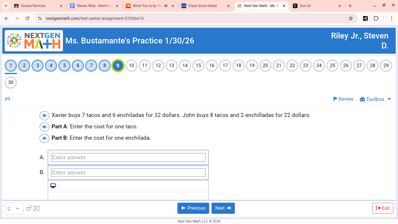 xavier buys 7 tacos and 6 enchiladas for 32 dollars. john buys 8 tacos …