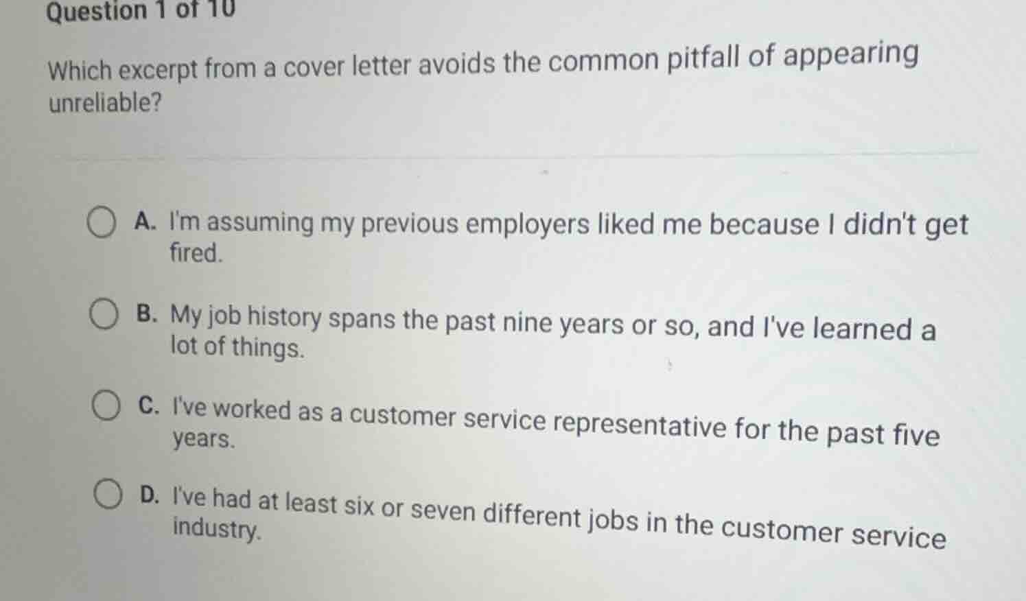 question 1 of 10 which excerpt from a cover letter avoids the common pi…