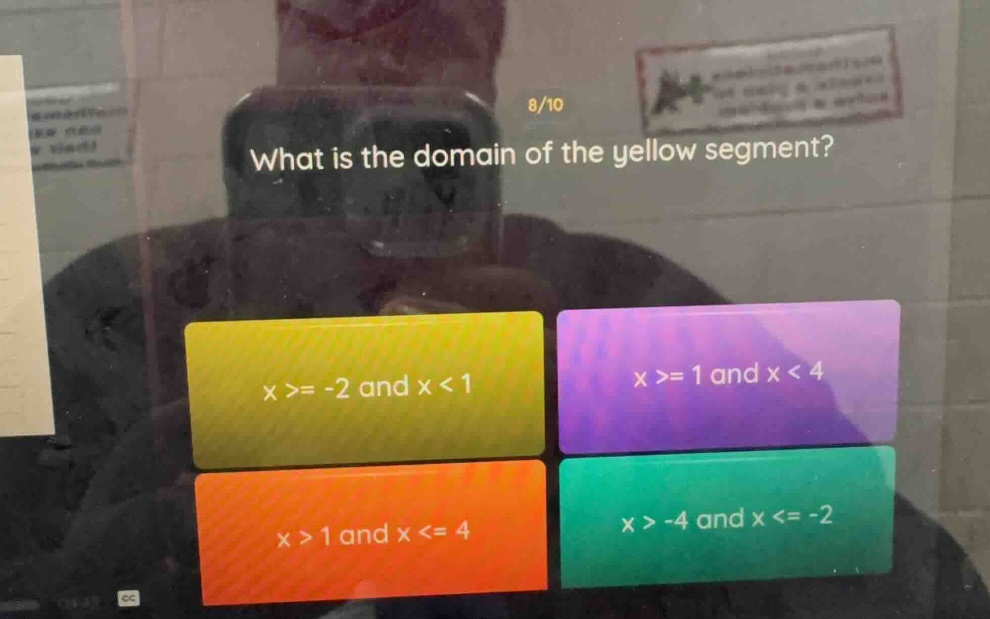 what is the domain of the yellow segment? x >= -2 and x < 1; x >= 1 and…