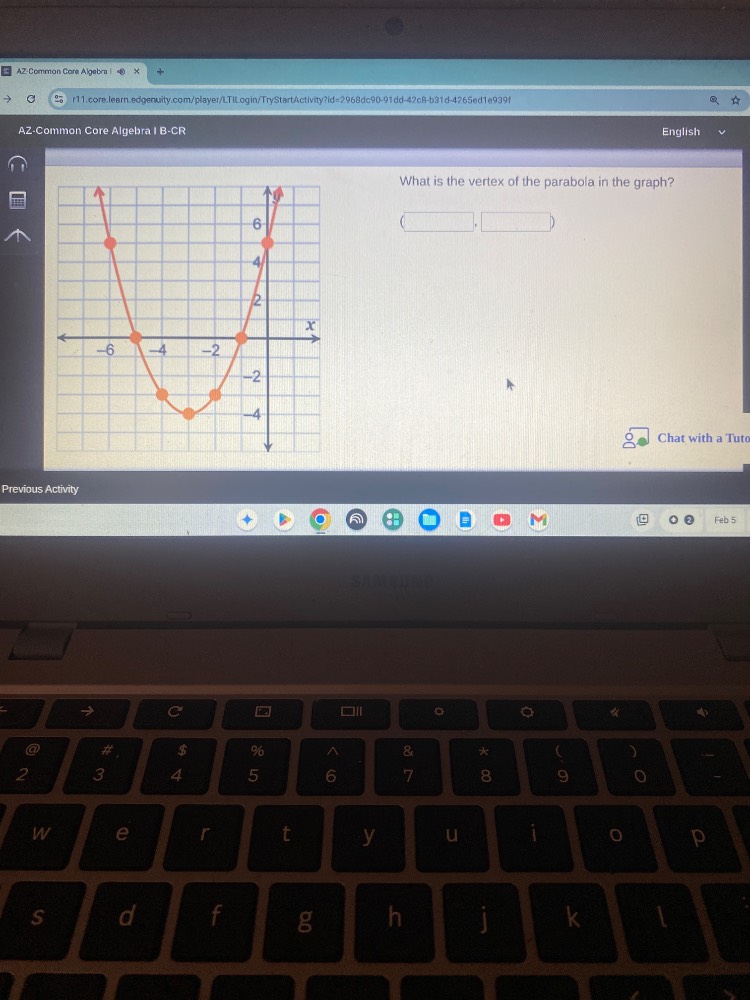 what is the vertex of the parabola in the graph? ( , )