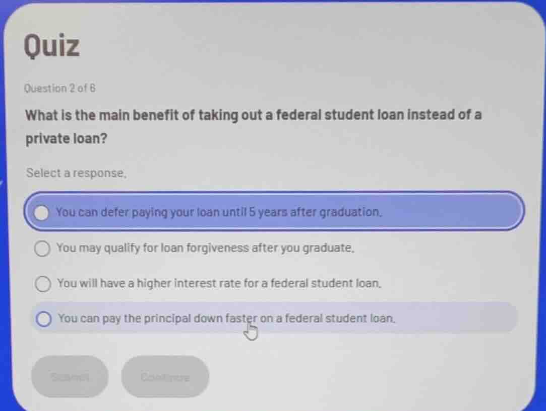 quiz question 2 of 6 what is the main benefit of taking out a federal s…