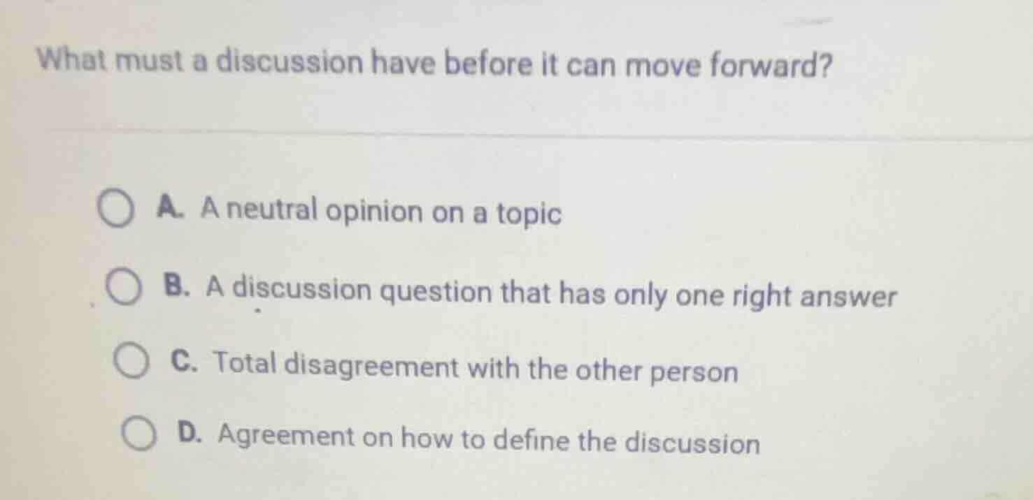 what must a discussion have before it can move forward? a. a neutral op…