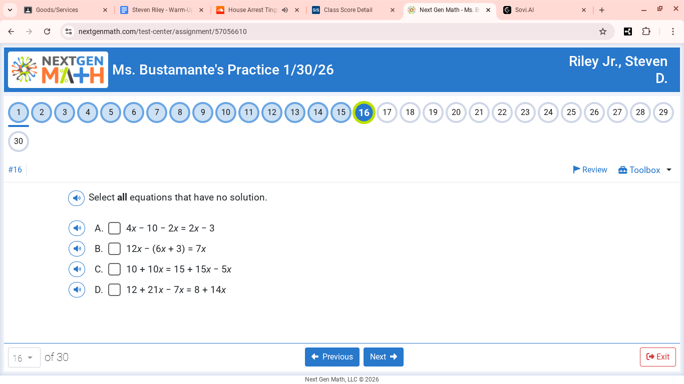 select all equations that have no solution. a. $4x - 10 - 2x = 2x - 3$ …