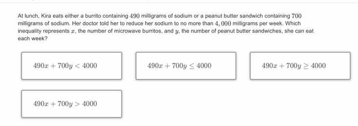 at lunch, kira eats either a burrito containing 490 milligrams of sodiu…