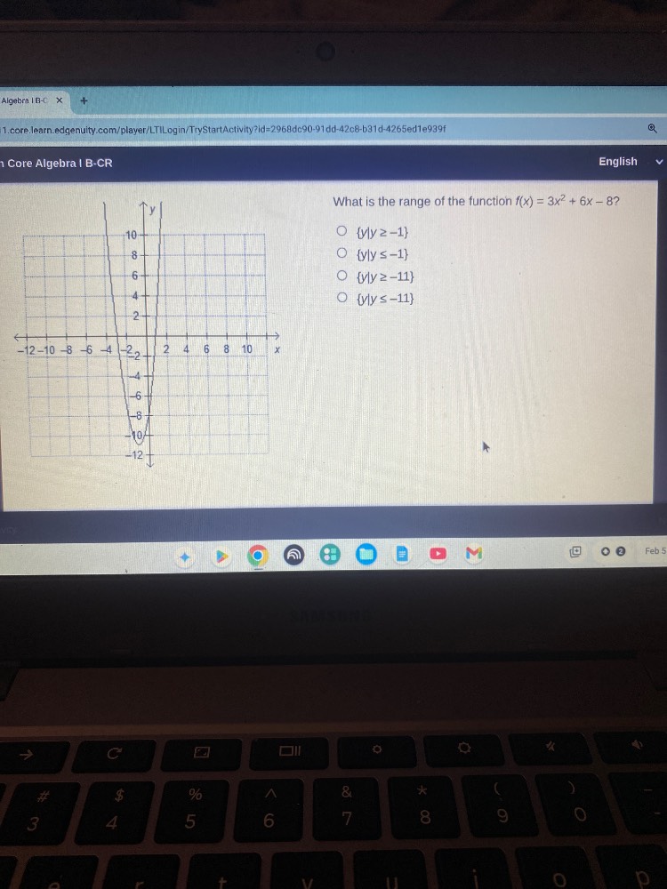 what is the range of the function f(x) = 3x² + 6x − 8? ○ {y|y ≥ −1} ○ {…