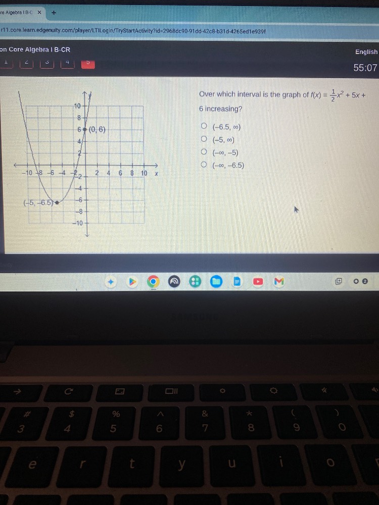 over which interval is the graph of $f(x) = \\frac{1}{2}x^2 + 5x + 6$ i…