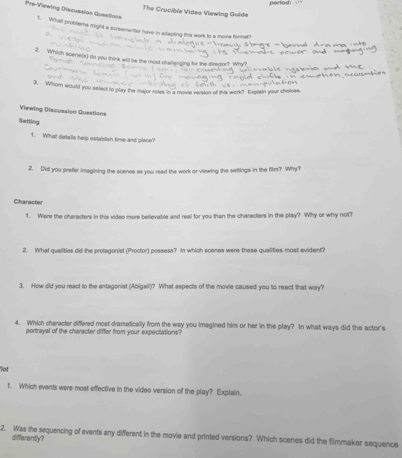 the crucible video viewing guide period: pre-viewing discussion questio…