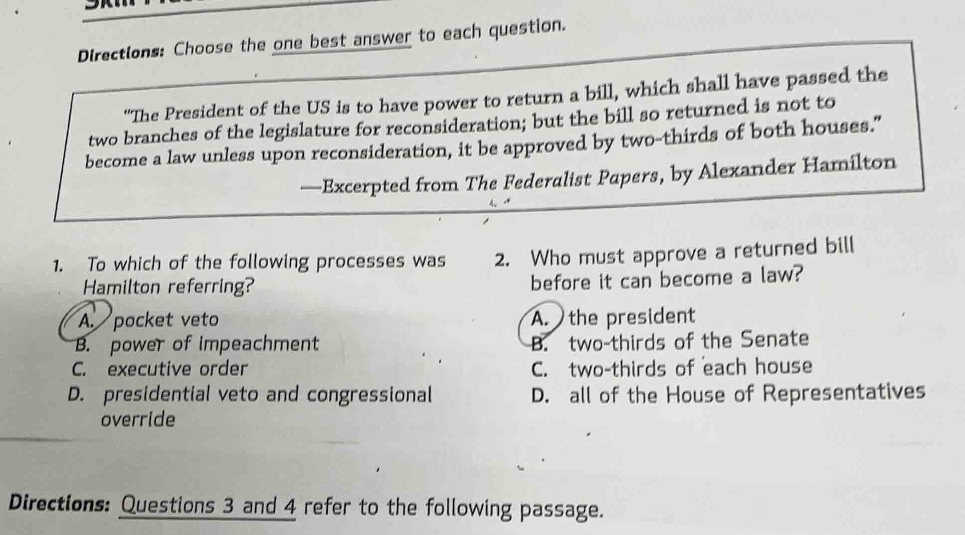 directions: choose the one best answer to each question. \the president…