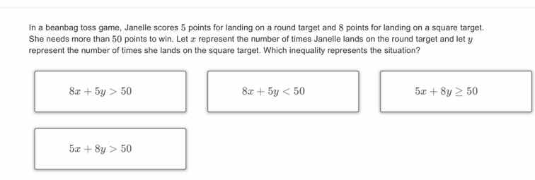 in a beanbag toss game, janelle scores 5 points for landing on a round …