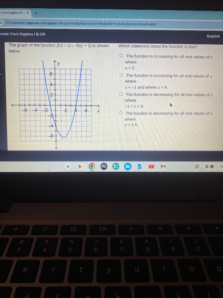the graph of the function ( f(x) = (x - 4)(x + 1) ) is shown below. whi…