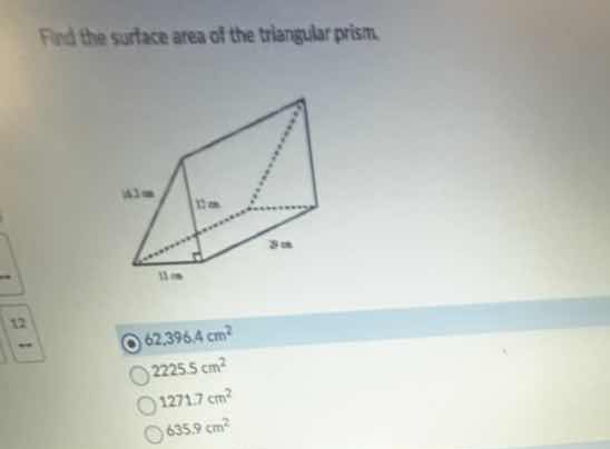 find the surface area of the triangular prism. 62,396.4 cm² 2225.5 cm² …