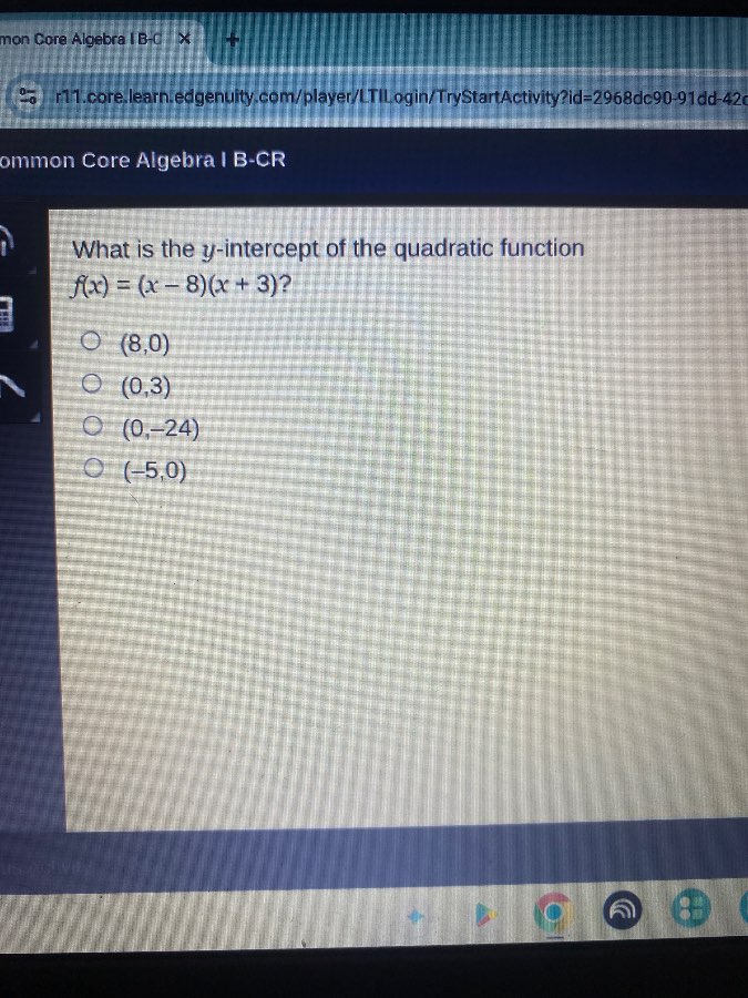 what is the y-intercept of the quadratic function f(x) = (x - 8)(x + 3)…