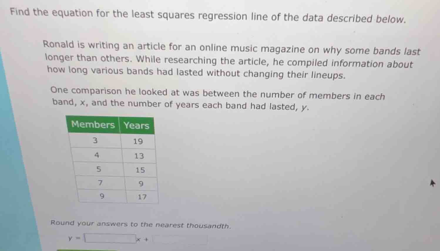 find the equation for the least squares regression line of the data des…