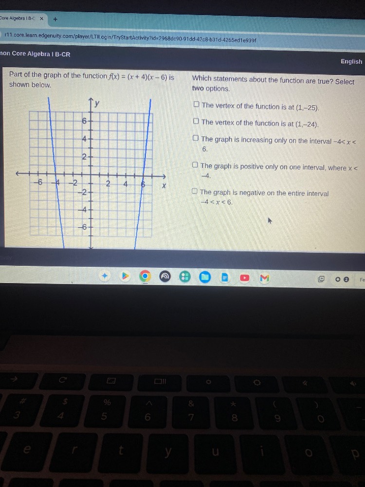 part of the graph of the function $f(x) = (x + 4)(x - 6)$ is shown belo…
