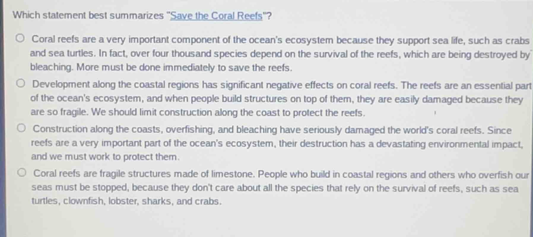 which statement best summarizes \save the coral reefs\? - coral reefs a…