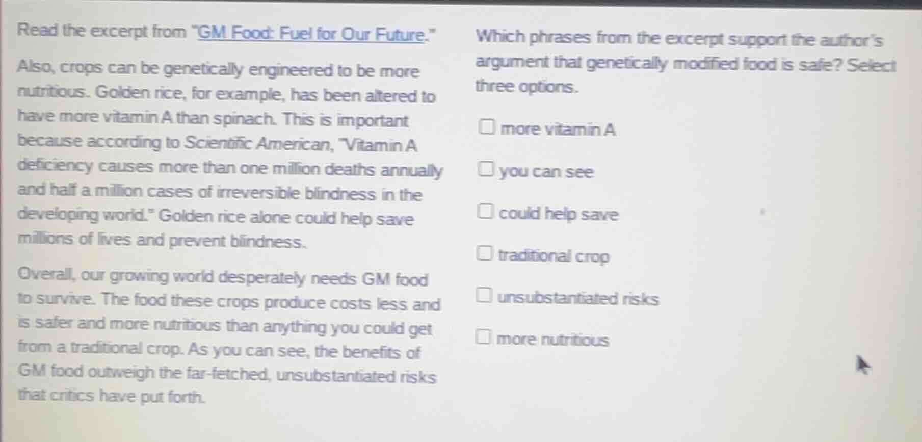 read the excerpt from \gm food: fuel for our future.\ also, crops can b…