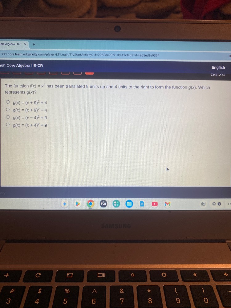 the function ( f(x) = x^2 ) has been translated 9 units up and 4 units …