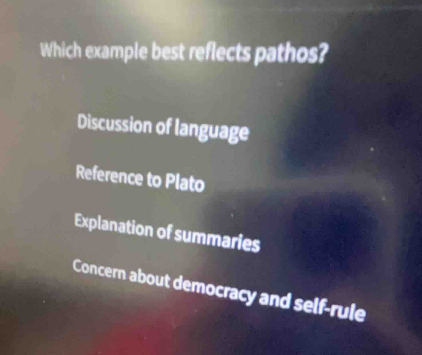 which example best reflects pathos? discussion of language reference to…