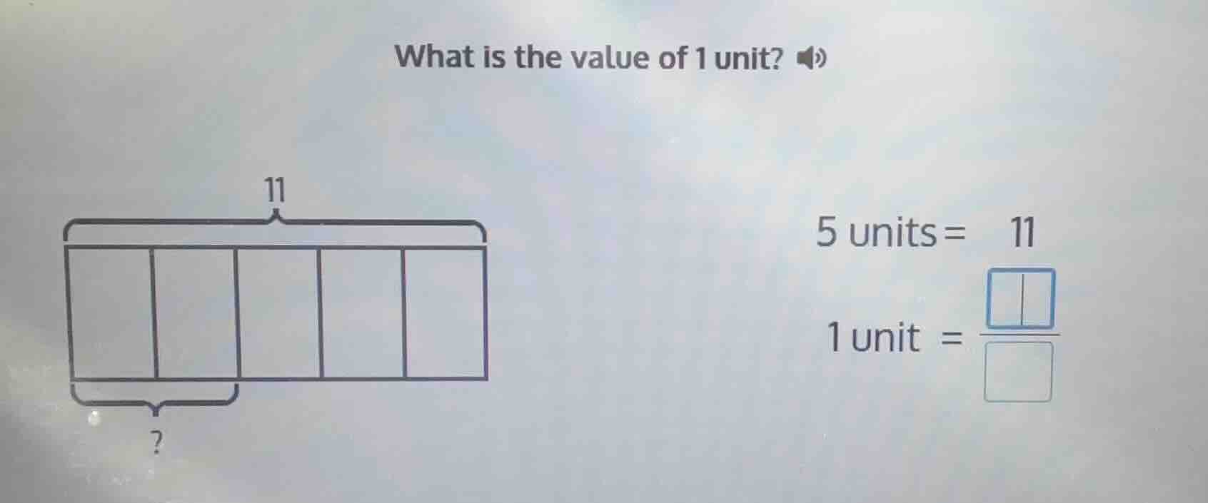what is the value of 1 unit? 5 units = 11 1 unit = \\frac{□}{□}
