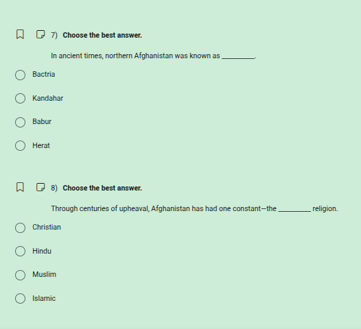 7) choose the best answer. in ancient times, northern afghanistan was k…