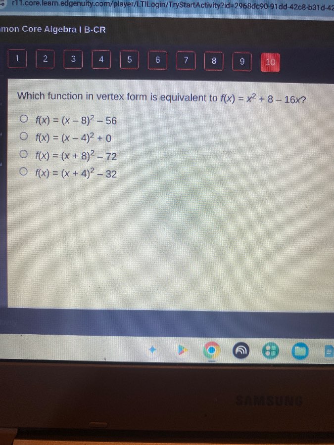 which function in vertex form is equivalent to $f(x)=x^{2}+8 - 16x$? $\…