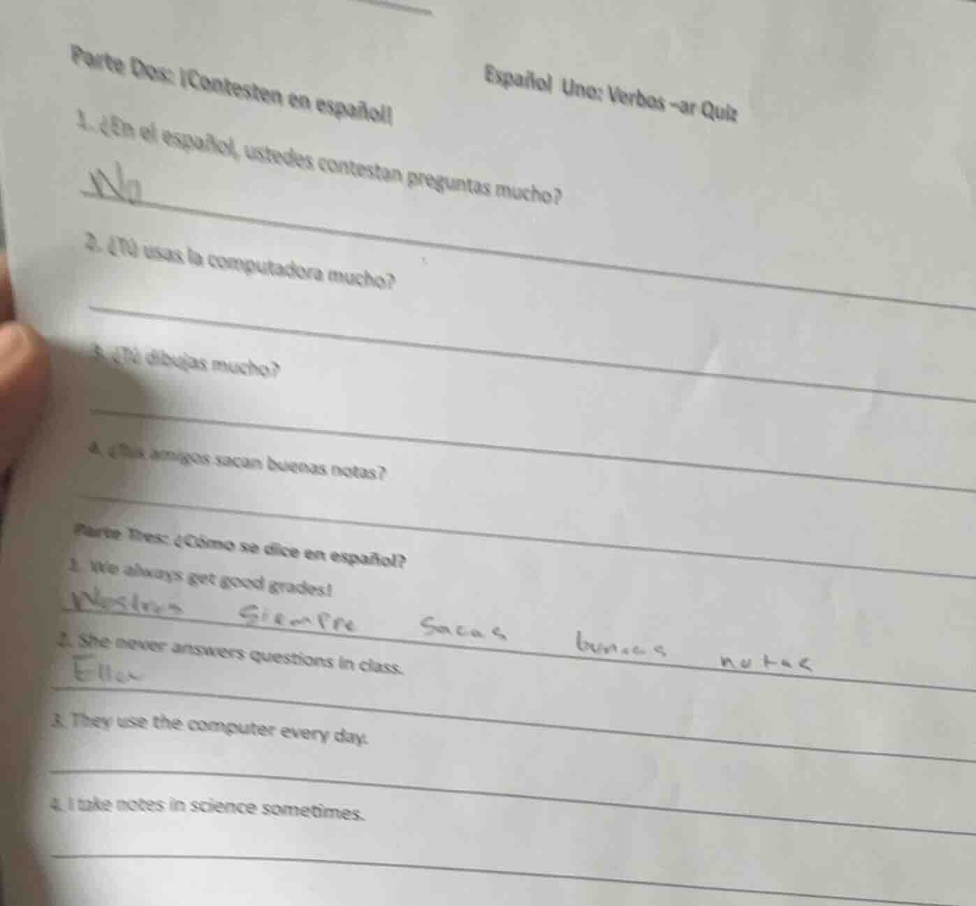 español uno: verbos -ar quiz parte dos: ¡contesten en español! 1. ¿(en …