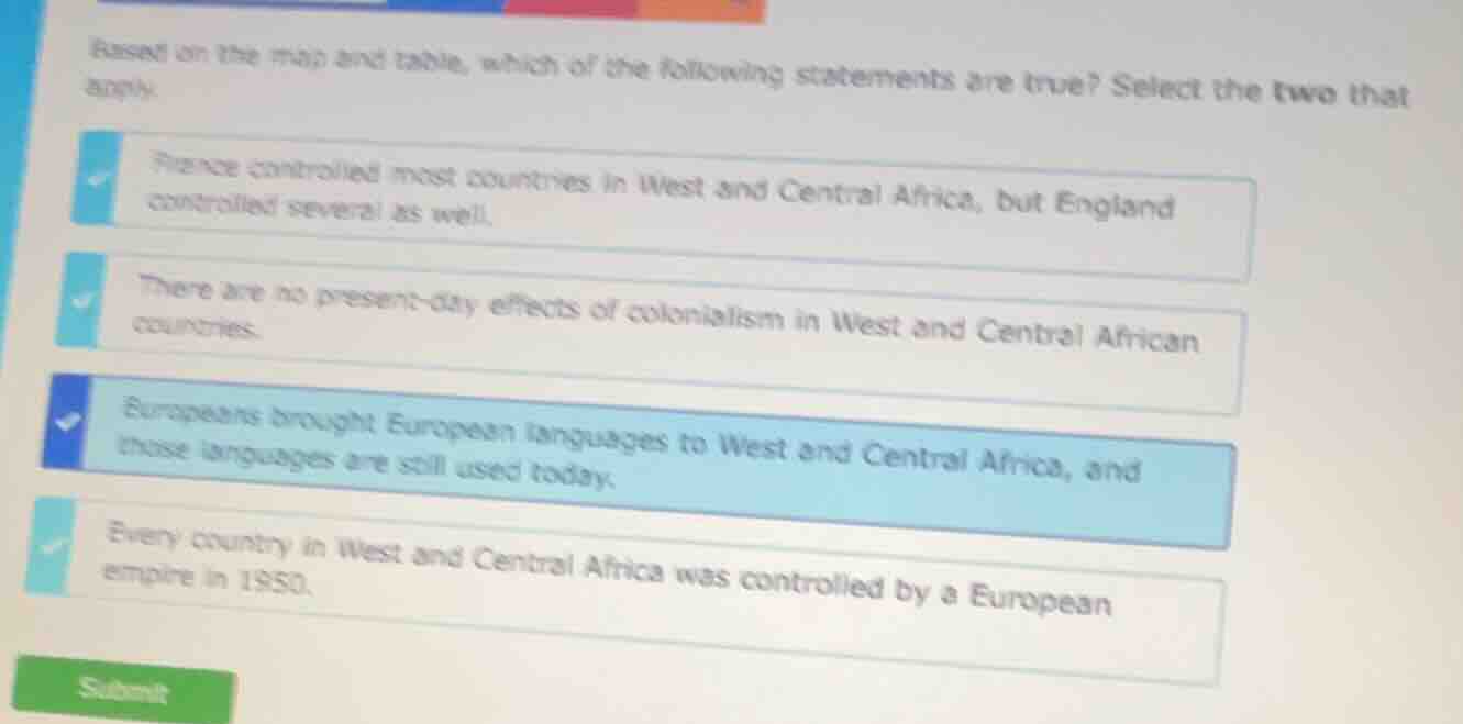 based on the map and table, which of the following statements are true?…