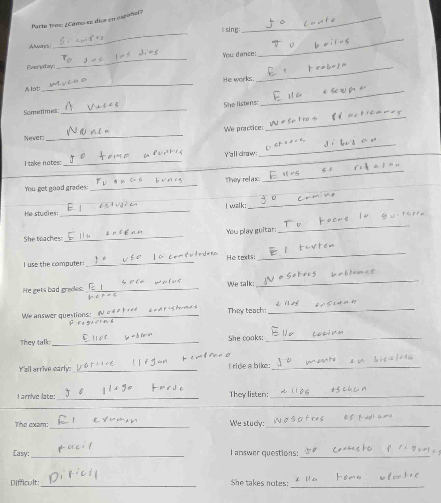 parte tres: ¿cómo se dice en español? always: everyday: a lot: sometime…