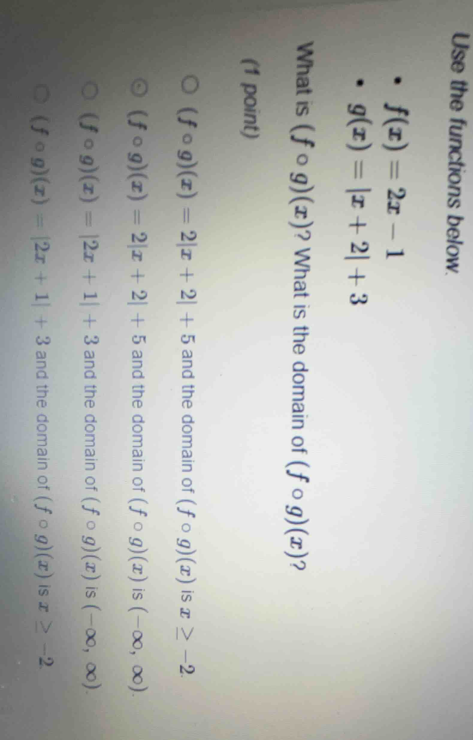 use the functions below. - ( f(x) = 2x - 1 ) - ( g(x) = |x + 2| + 3 ) w…