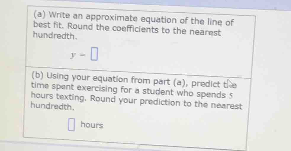 (a) write an approximate equation of the line of best fit. round the co…