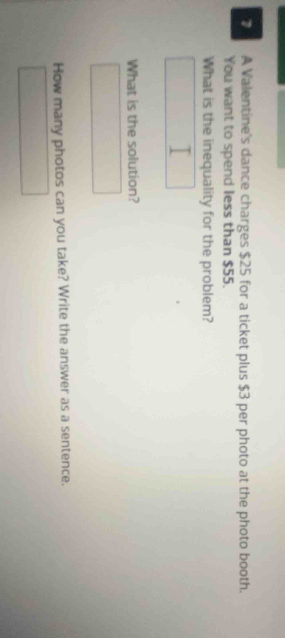 a valentine’s dance charges $25 for a ticket plus $3 per photo at the p…