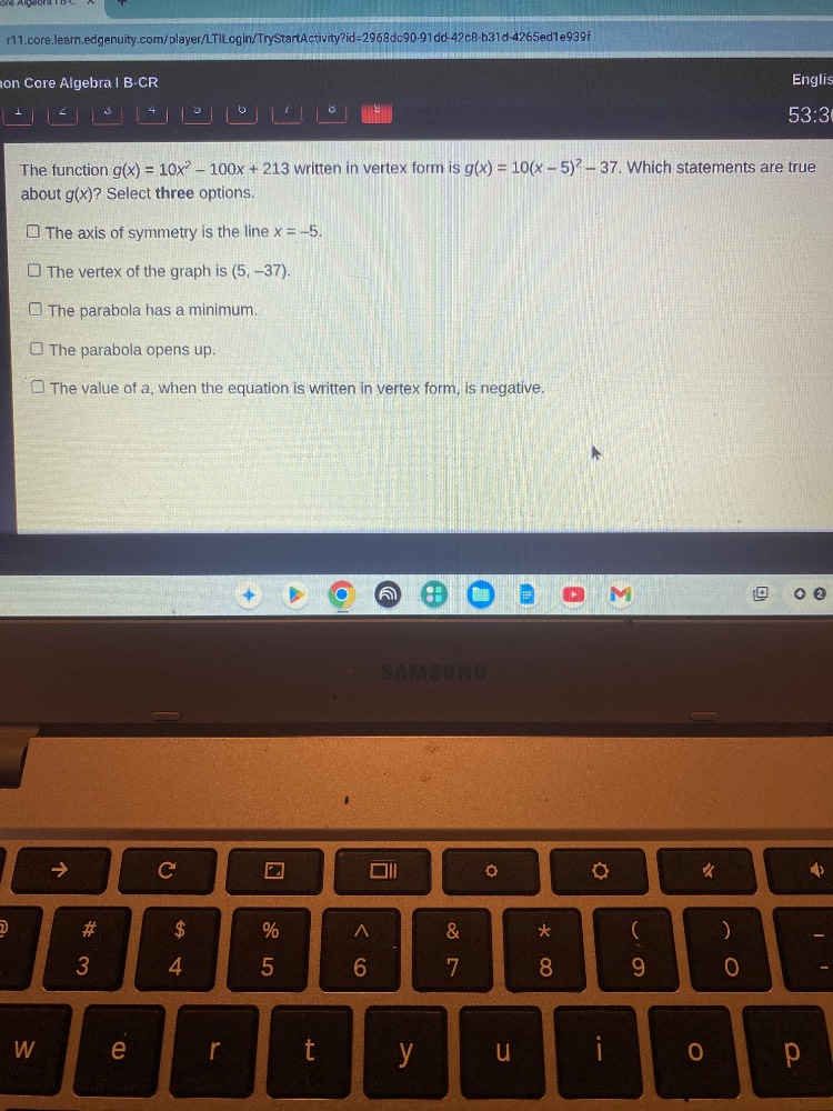 the function $g(x) = 10x^2 - 100x + 213$ written in vertex form is $g(x…