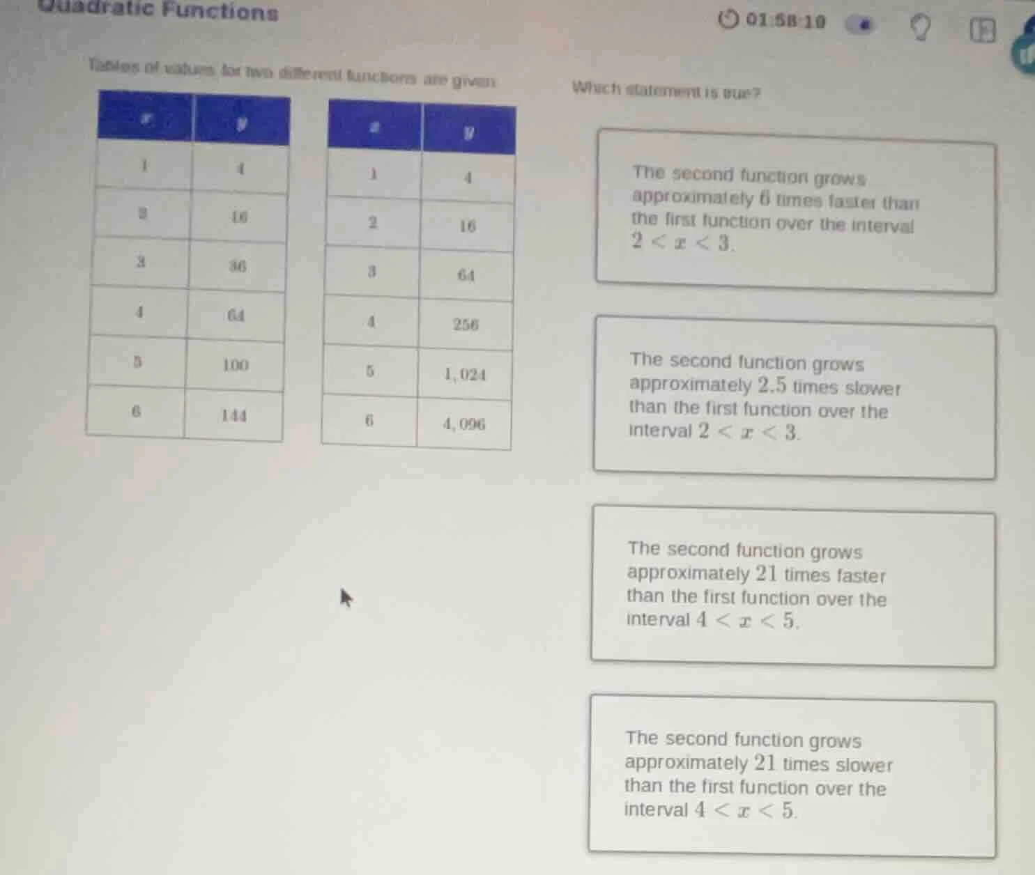 quadratic functions tables of values for two different functions are gi…