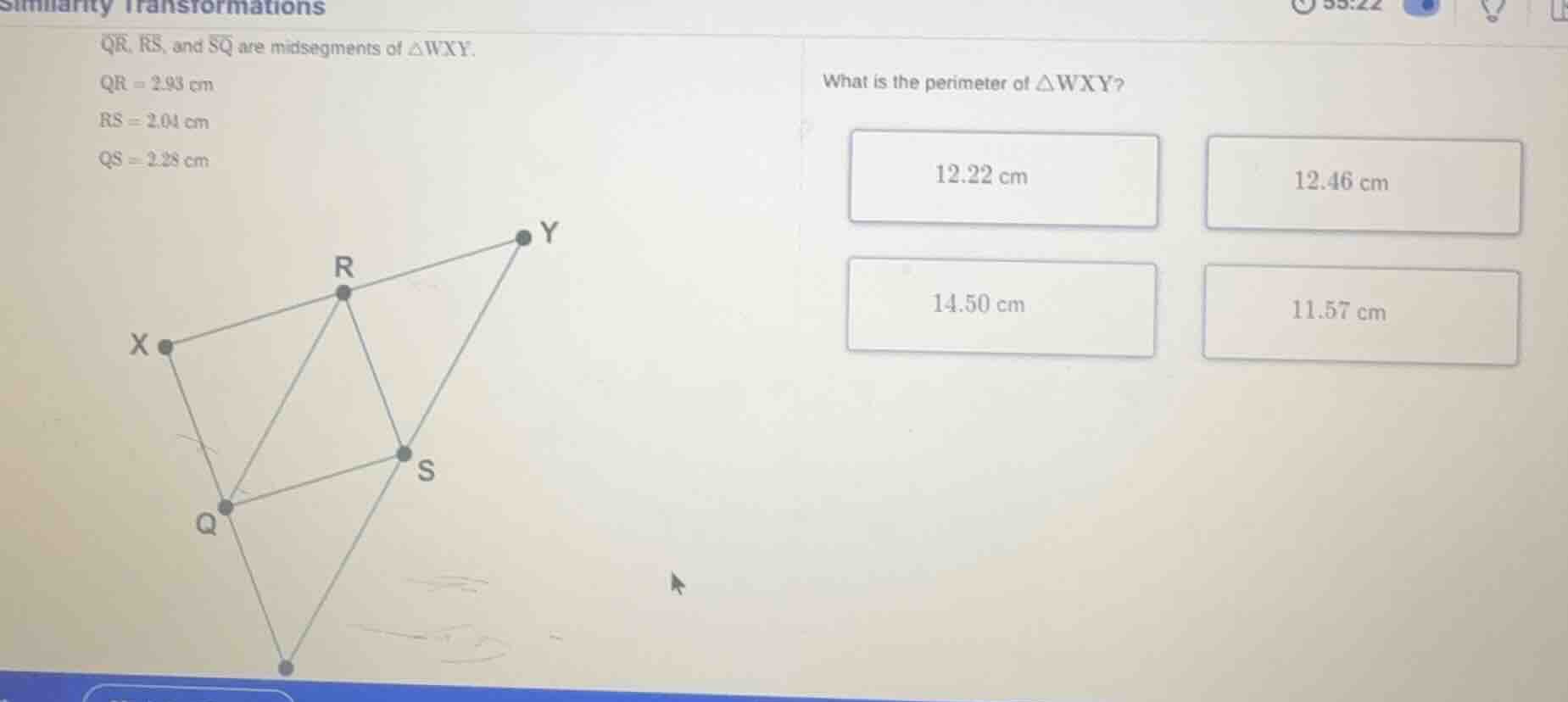 similarity transformations qr, rs, and sq are midsegments of △wxy. qr =…