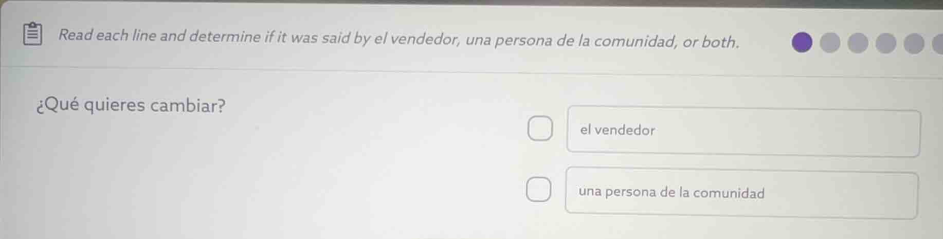 read each line and determine if it was said by el vendedor, una persona…