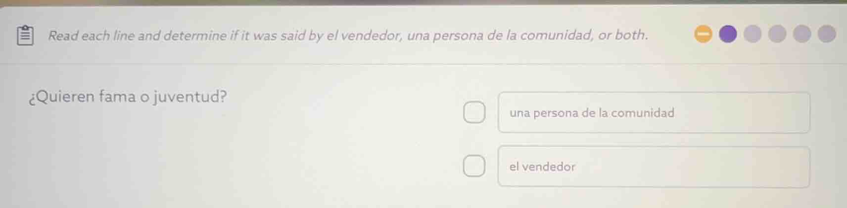 read each line and determine if it was said by el vendedor, una persona…